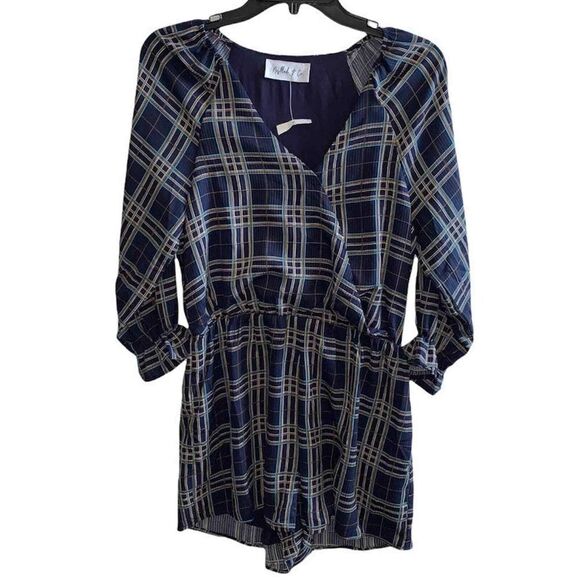 Plaid V-Neck Romper Women Medium Blue Long Sleeve Lined Negtled & Co Elast Waist - Picture 3 of 7